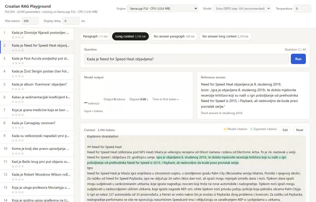 llama.cpp F32 exécuté sur CPU pour répondre à une question avec un contexte long