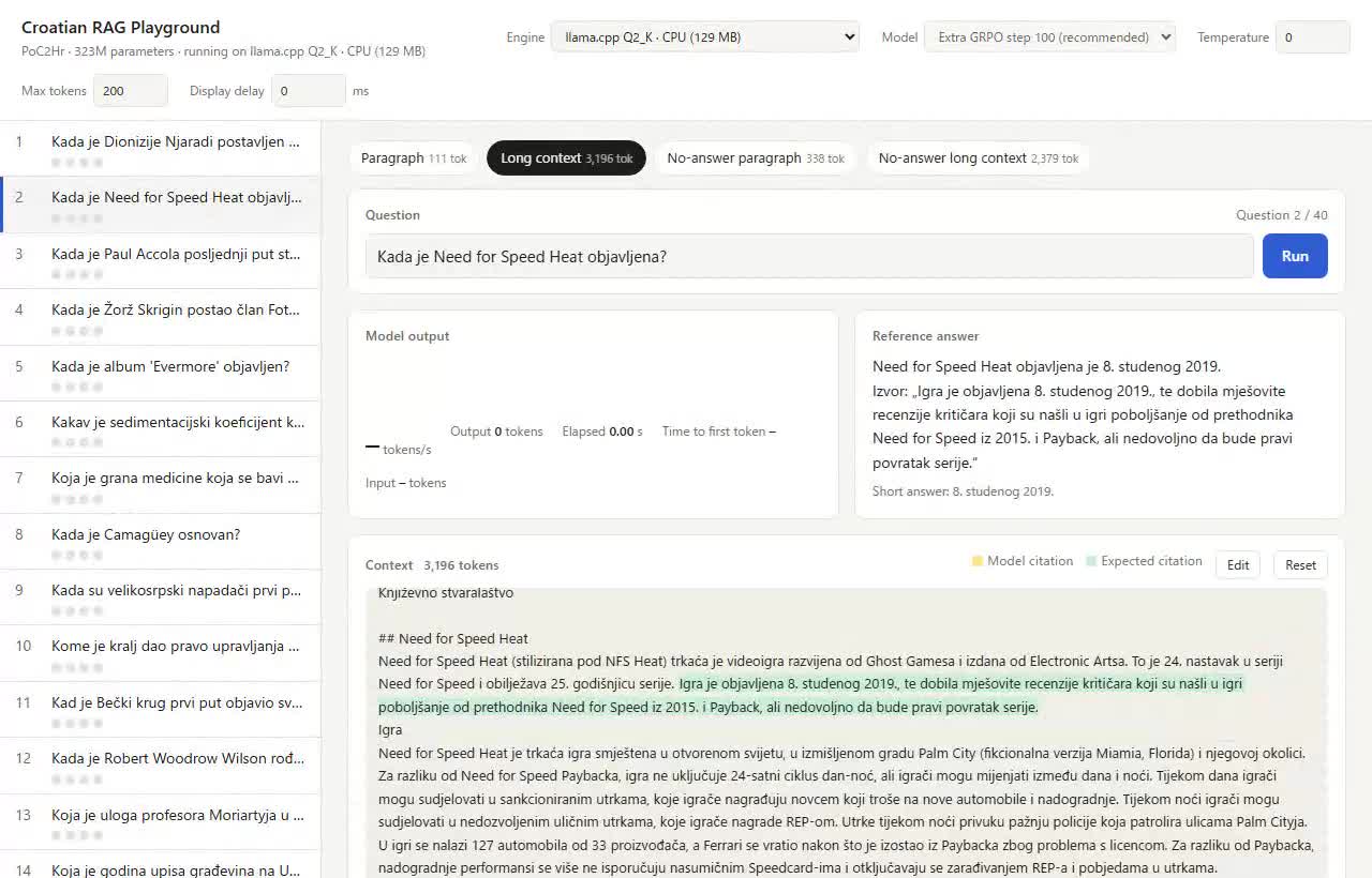 llama.cpp Q2_K exécuté sur CPU pour répondre à une question avec un contexte long