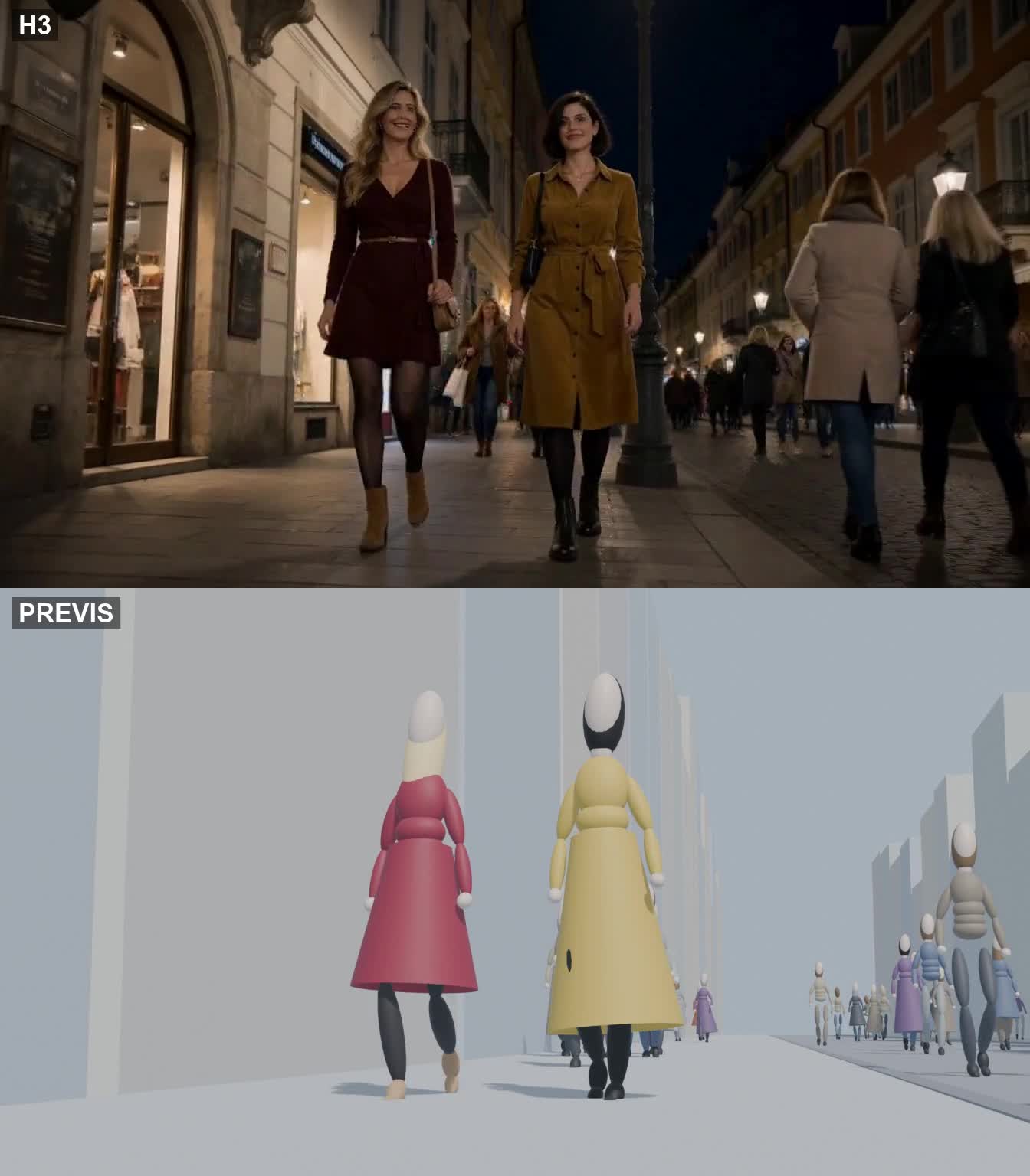 Personne marchant dans les rues la nuit : IA en haut, prévisualisation en bas