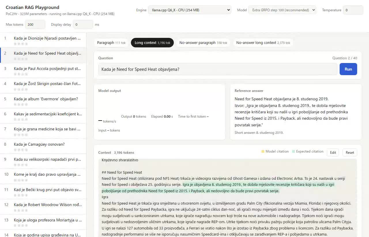 llama.cpp Q6_K exécuté sur CPU pour répondre à une question avec un contexte long