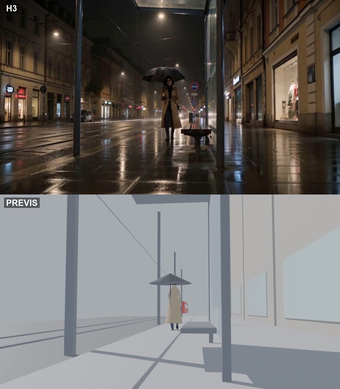 Rue pluvieuse et tramway : IA en haut, prévisualisation en bas