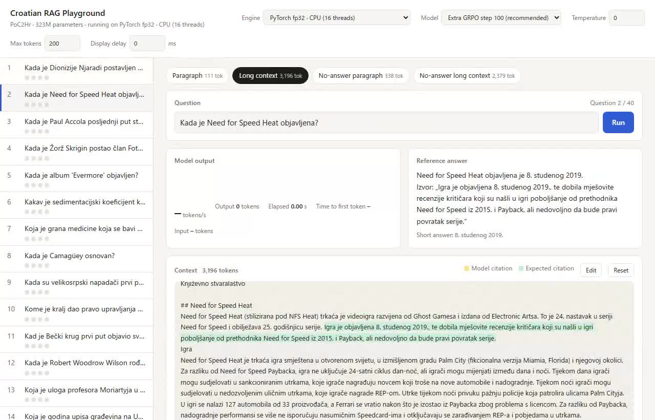 PyTorch fp32 exécuté sur CPU pour répondre à une question avec un contexte long