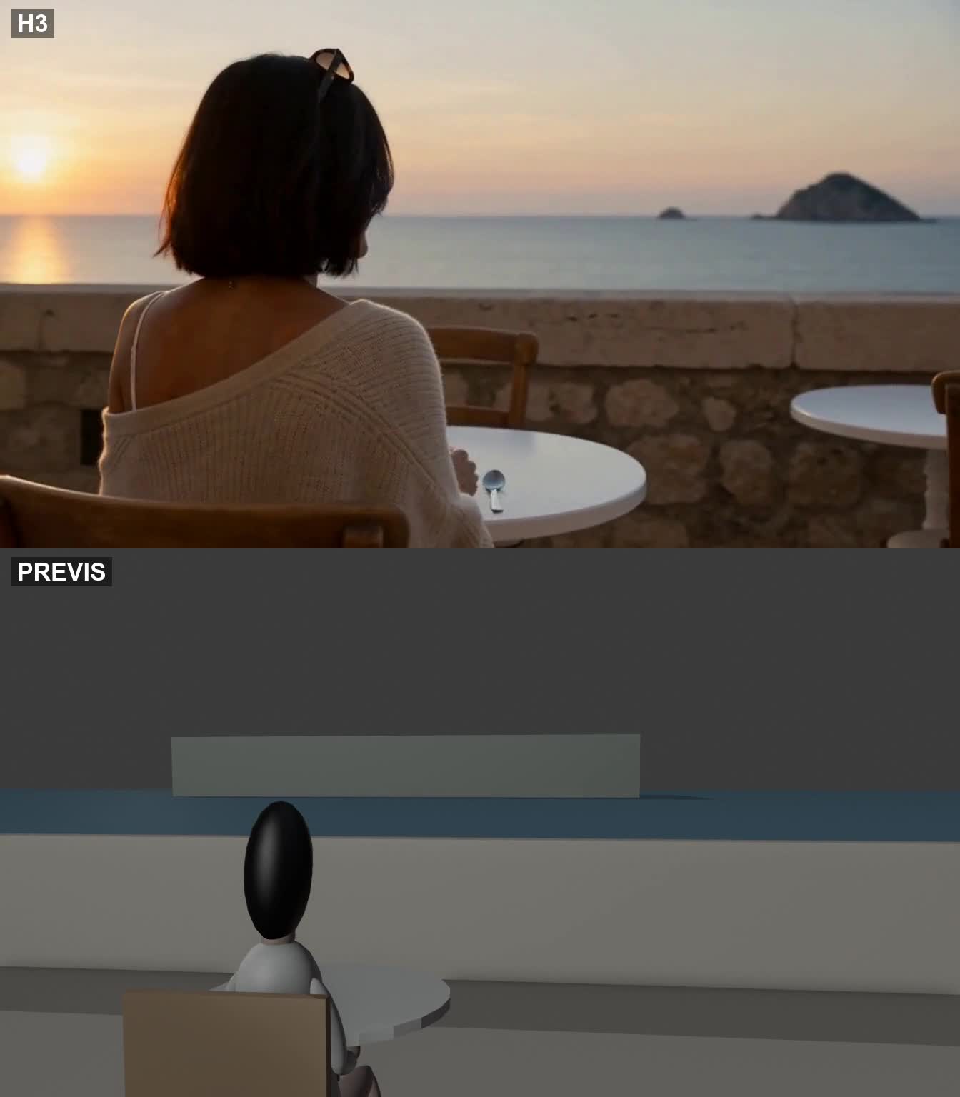 Café au bord de la mer : IA en haut, prévisualisation en bas