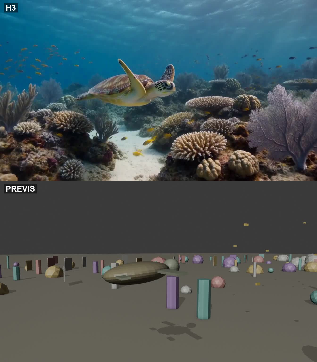 Tortue marine sous l’eau : IA en haut, prévisualisation en bas
